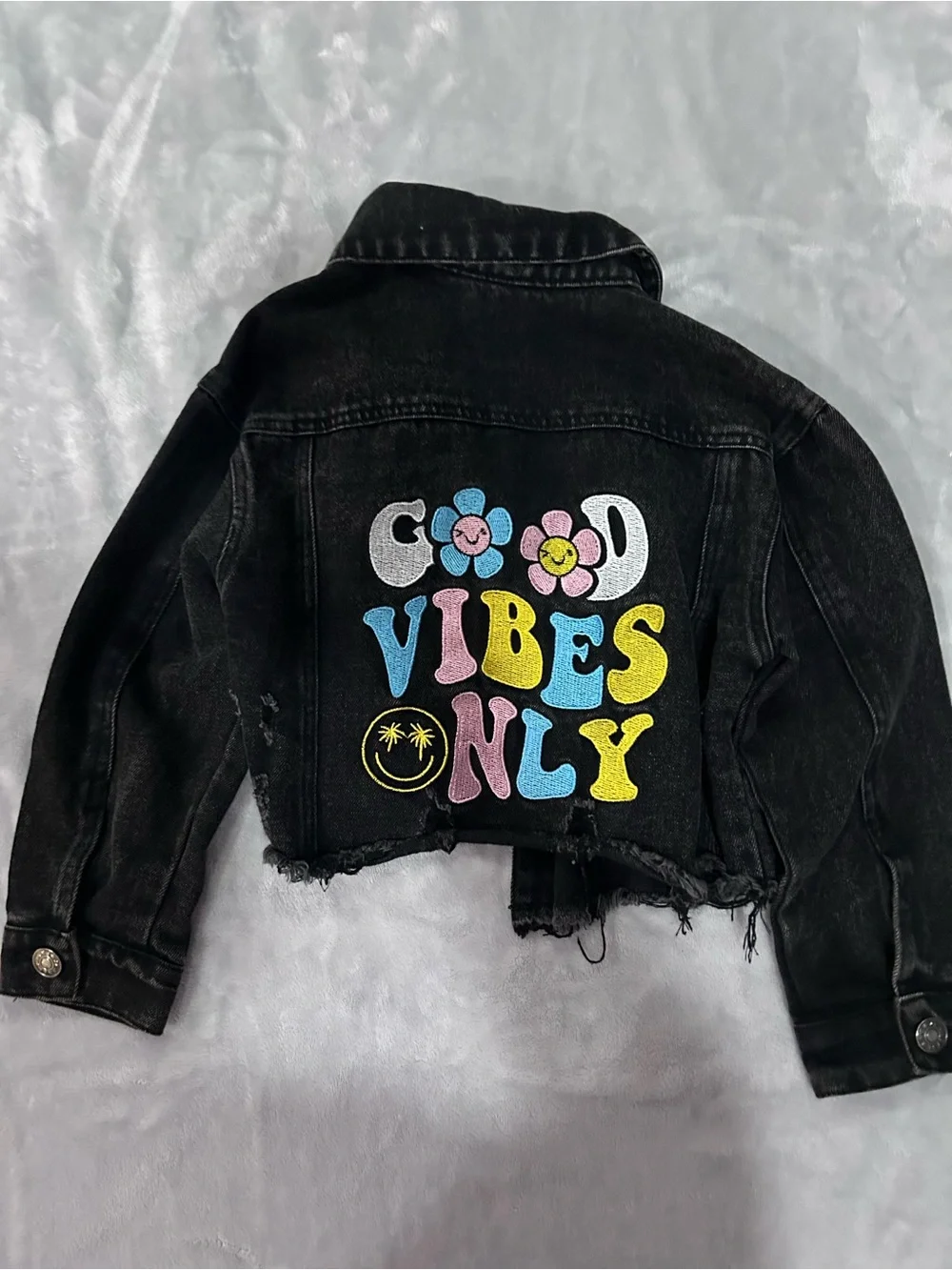 SHEIN Black Denim Jacket with Multicolor 'Good Vibes Only' Graphic